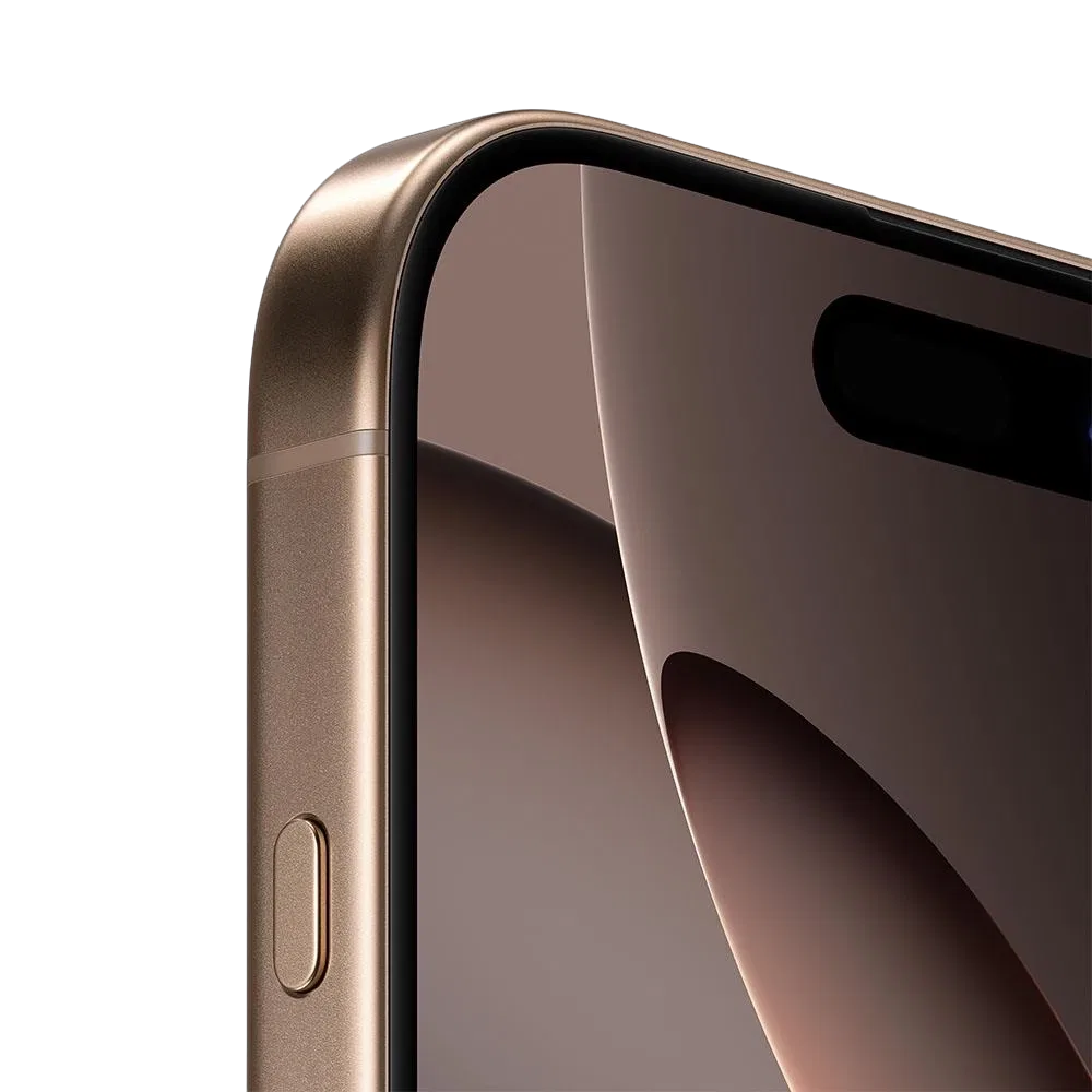 Apple iPhone 16 Pro Çöl Titanyum akıllı telefonun ekran ve çerçeve detayını gösteren yakın plan görünüm