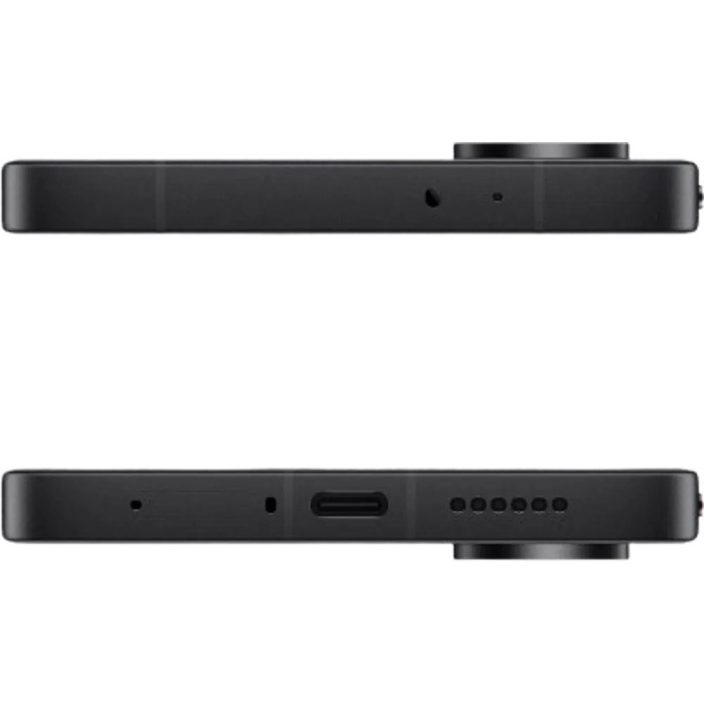 Siyah Poco X8 Pro akıllı telefonun üst ve alt kenar tasarımı, USB-C girişi ve hoparlör detayları