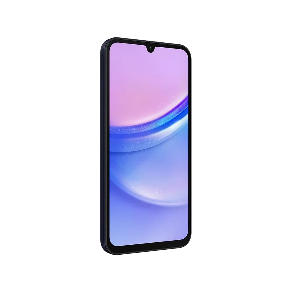 Samsung Galaxy A15 siyah akıllı telefon, ince çerçeveli ekran ve damla çentik tasarımıyla önden görünüm