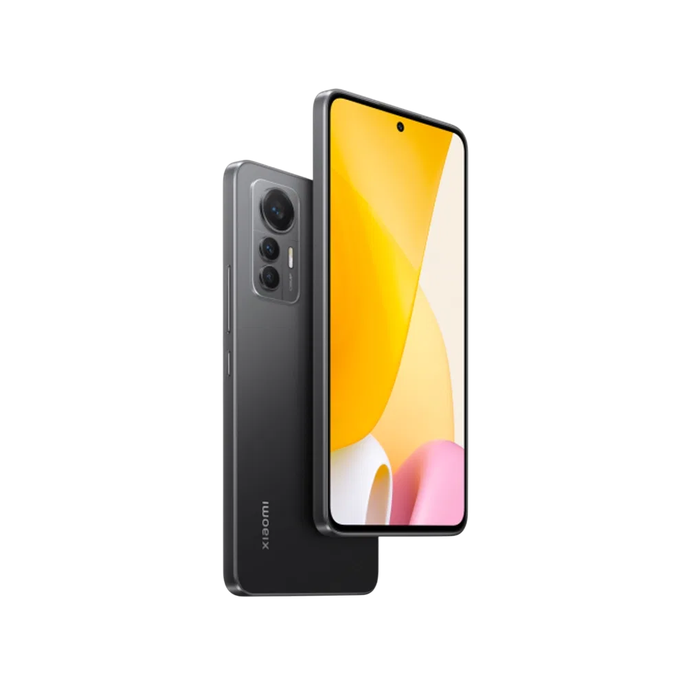 Siyah Xiaomi 12 Lite akıllı telefon, ön ekran ve üçlü arka kamera modülüyle açılı görünüm