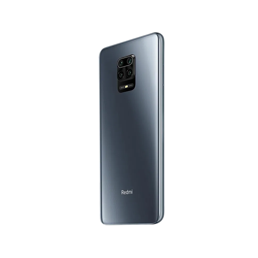 Xiaomi Redmi Note 9 Pro siyah akıllı telefonun arka yüzü, dörtlü kamera modülü ve Redmi logosu