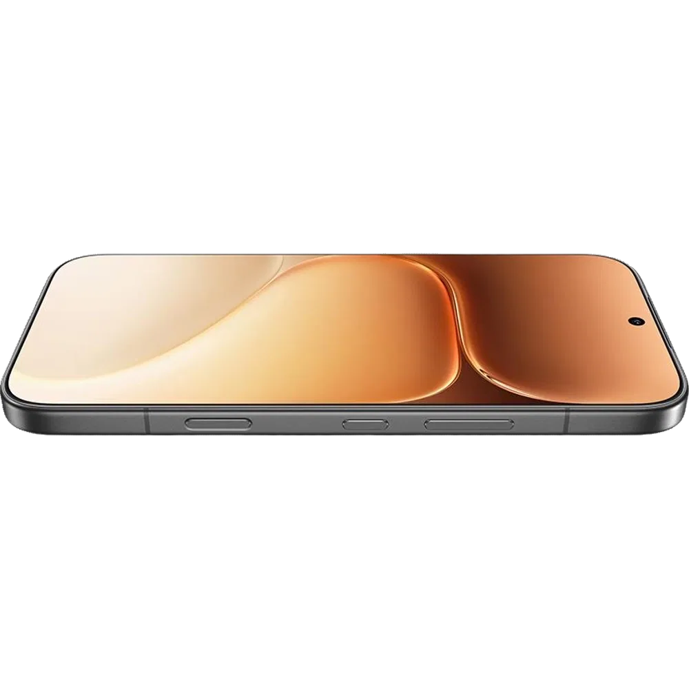 Siyah Honor 600 Pro akıllı telefonun ince çerçeveli ekranı ve yan profilden modern tasarımı