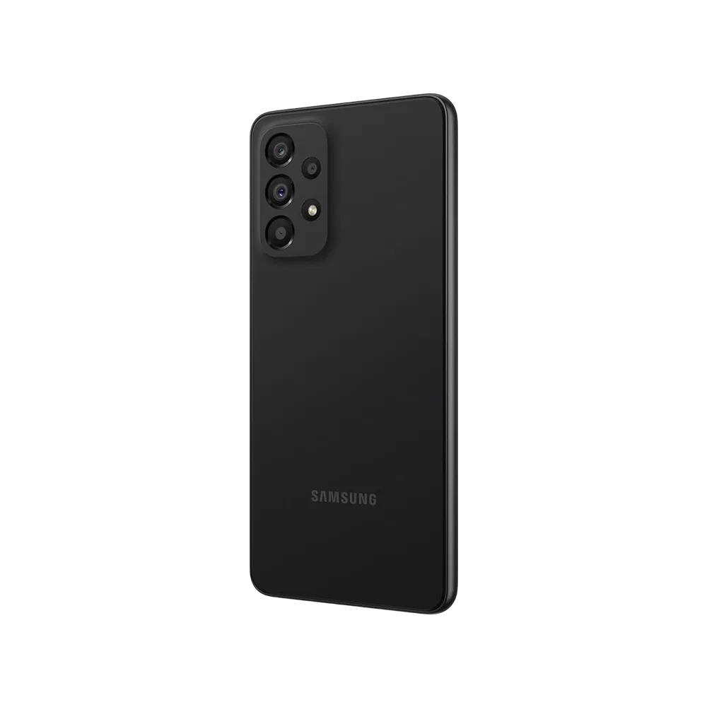 Samsung Galaxy A33 siyah akıllı telefonun arka yüzü, dörtlü kamera modülü ve LED flaş detayıyla
