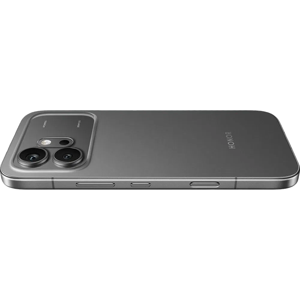 Siyah Honor 600 akıllı telefonun ince yan profili ve çift kameralı arka yüzey tasarımı