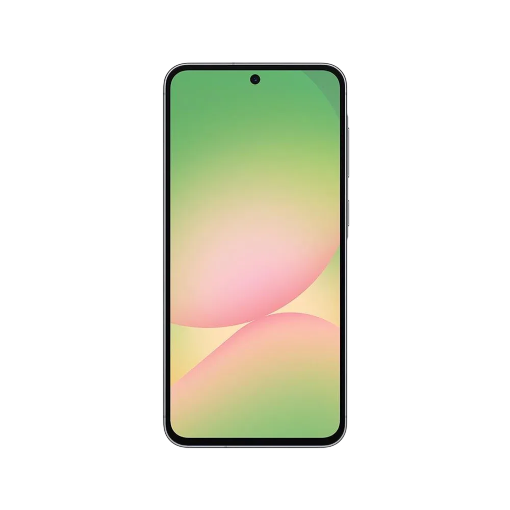 Samsung Galaxy A56 siyah akıllı telefonun önden görünümü, tam ekran tasarım ve ortada ön kamera deliği