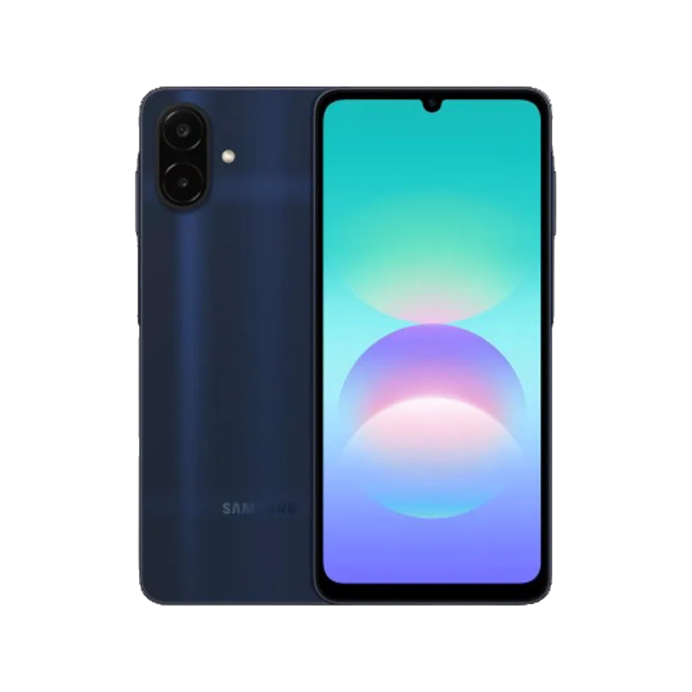 Samsung Galaxy A08 lacivert telefonun ön ve arka tasarımını gösteren vitrin görünümü