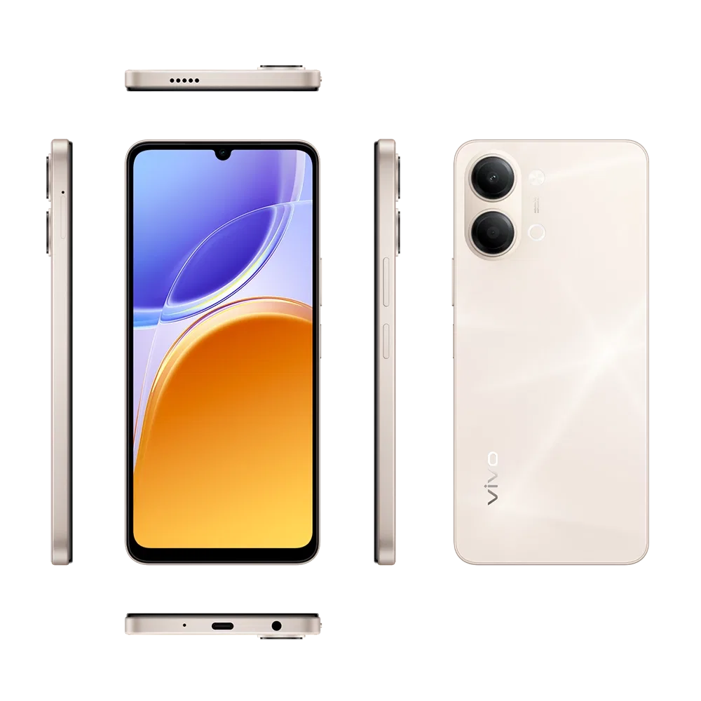 Vivo Y21 5G altın akıllı telefonun ön ve arka görünümü, çift kamera ve şık tasarım detayları