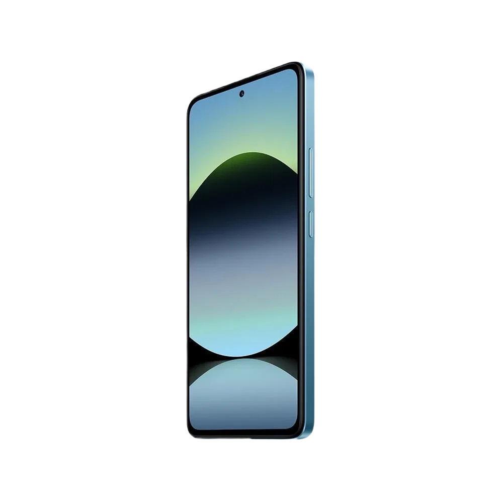 Xiaomi Redmi Note 14 mavi akıllı telefon, ince çerçeveli ekran ve yan düğmelerle önden görünüm