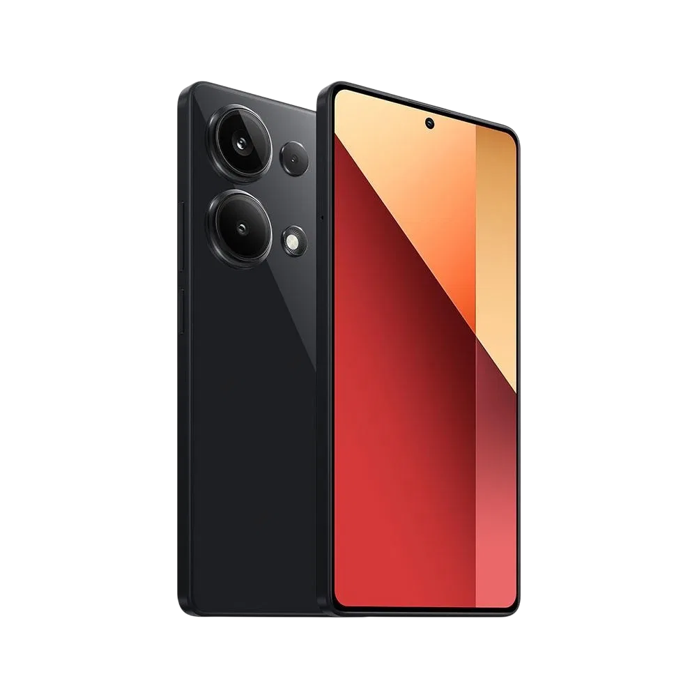 Xiaomi Redmi Note 13 Pro 4G siyah akıllı telefon, önden ekran ve arkadan çift kamera tasarımıyla görünüm