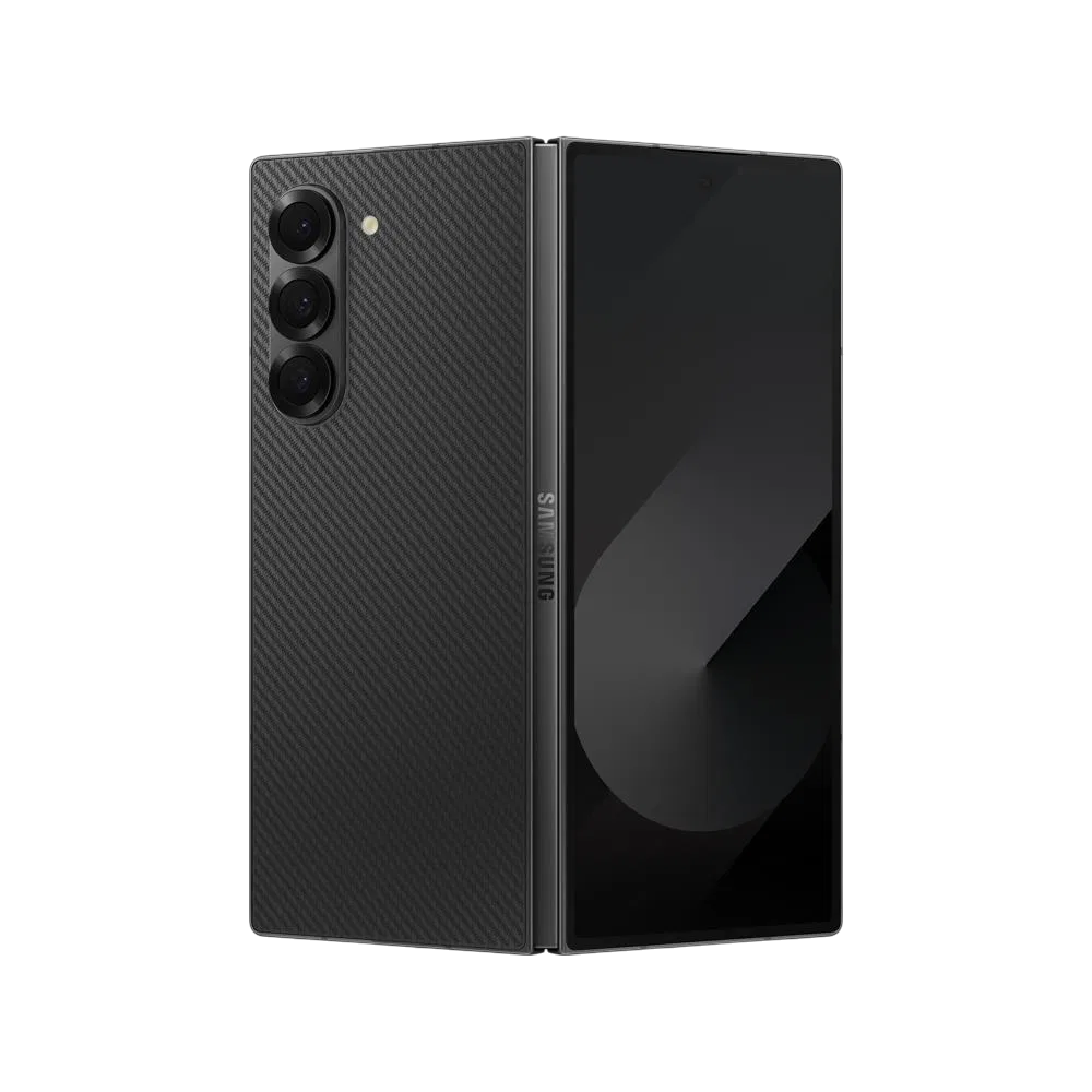 Samsung Galaxy Z Fold6 siyah katlanabilir akıllı telefon, açık konumda arka kamera ve iç ekran görünümü
