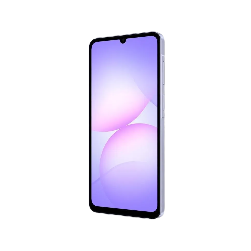 Samsung Galaxy A07 mor akıllı telefon, ince çerçeveli ekran ve damla çentik tasarımıyla önden görünüm