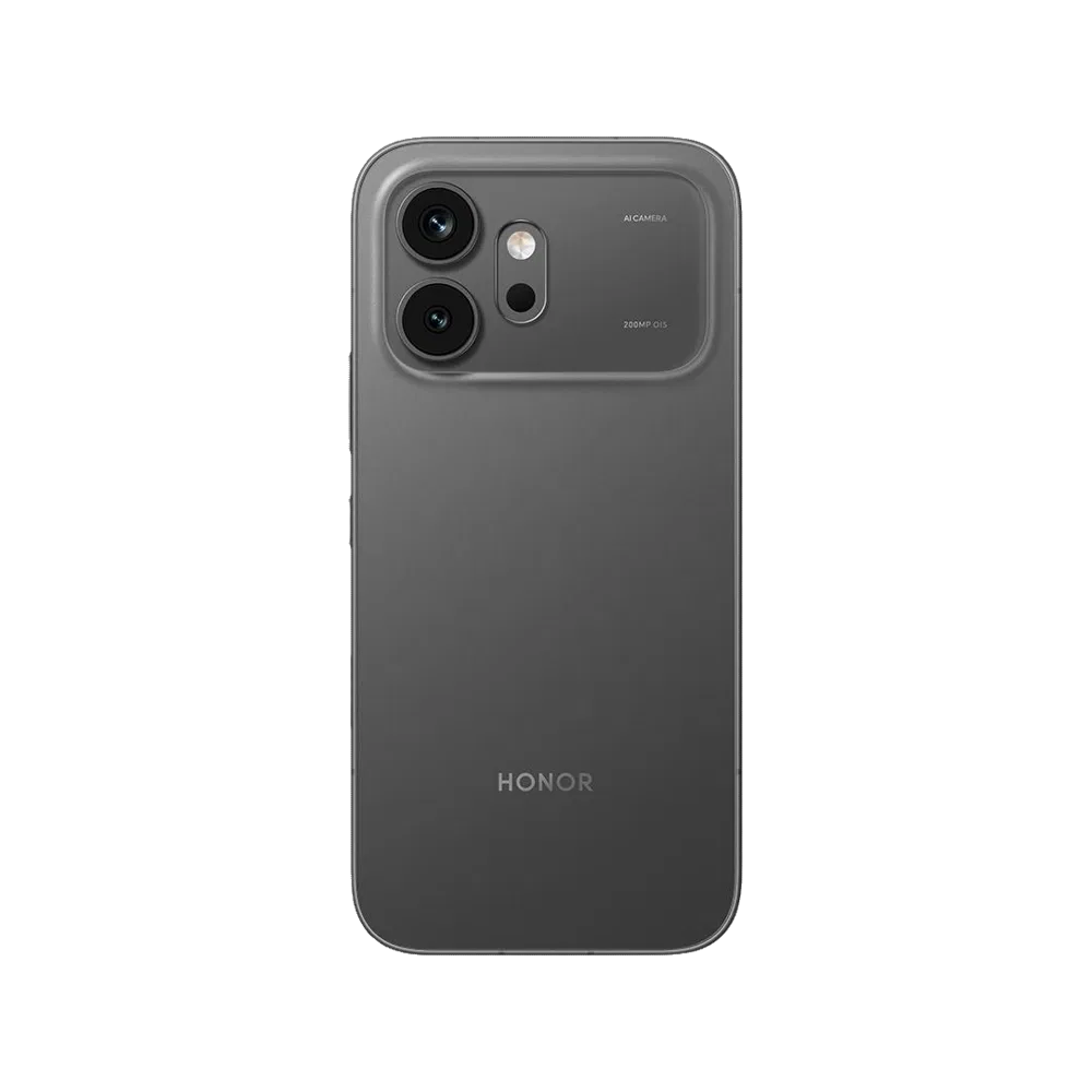 Siyah Honor 600 akıllı telefonun arka yüzeyi, çift kamera modülü ve sade tasarımıyla önden görünüm