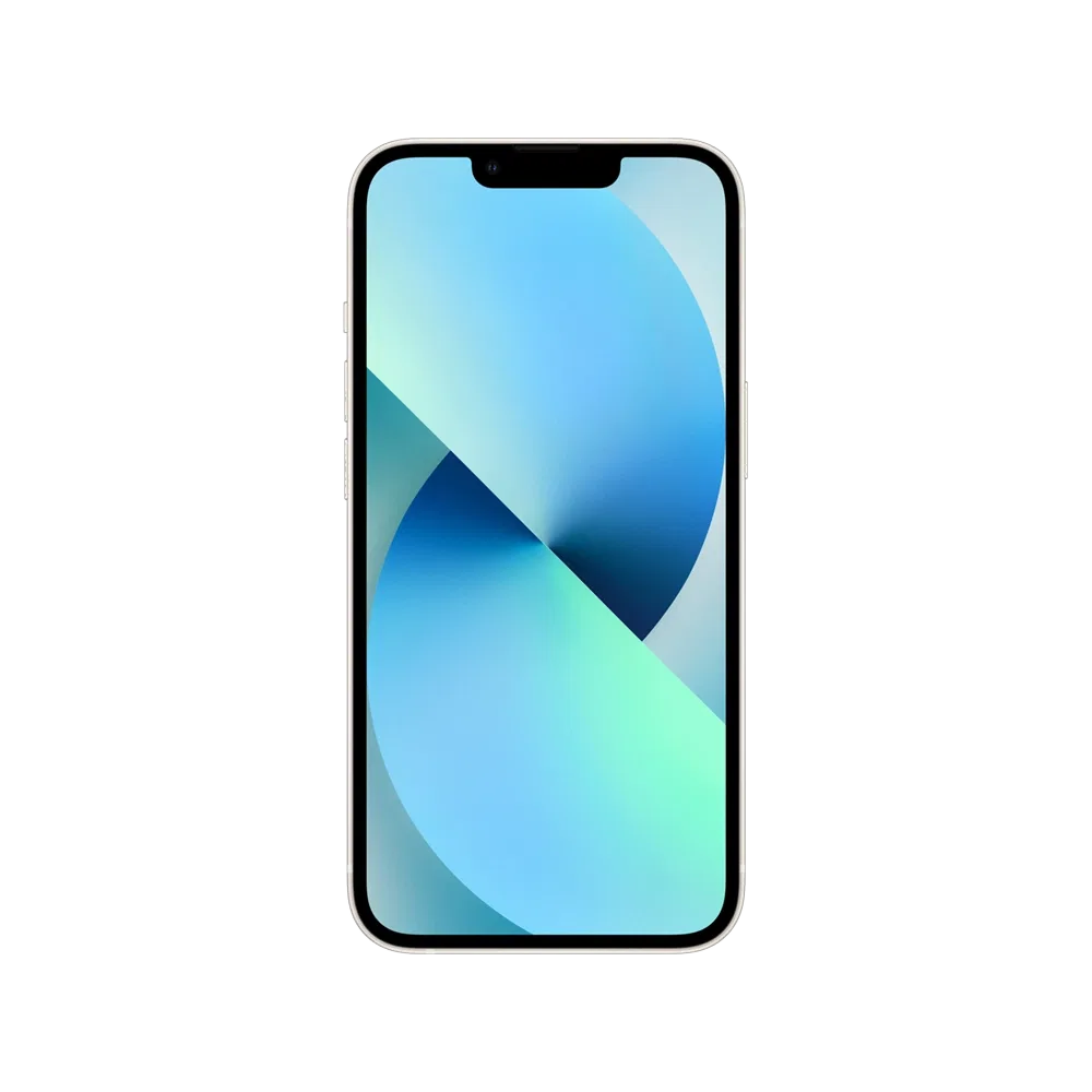 Beyaz Apple iPhone 13 akıllı telefon, önden görünüm; çentikli ekran ve mavi-yeşil duvar kâğıdı ile