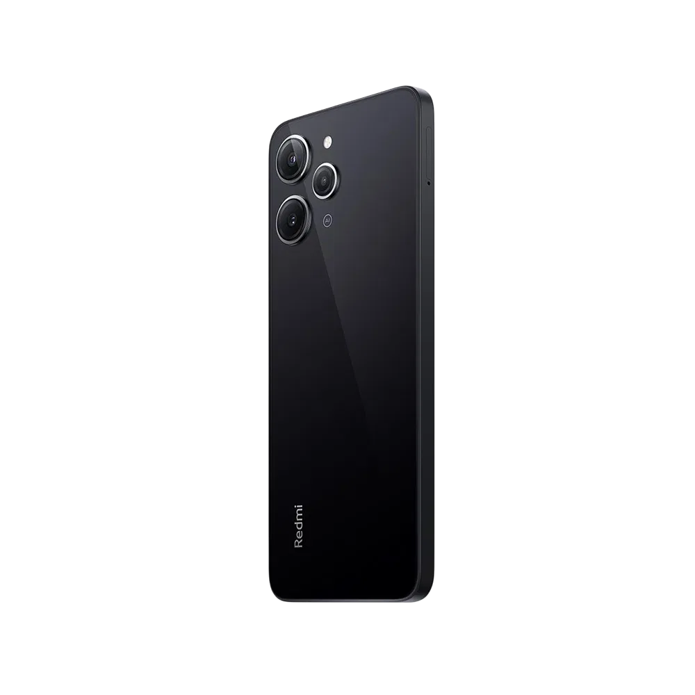 Xiaomi Redmi 12 siyah akıllı telefon, arka yüz tasarımı ve üçlü kamera modülü detaylı görünüm