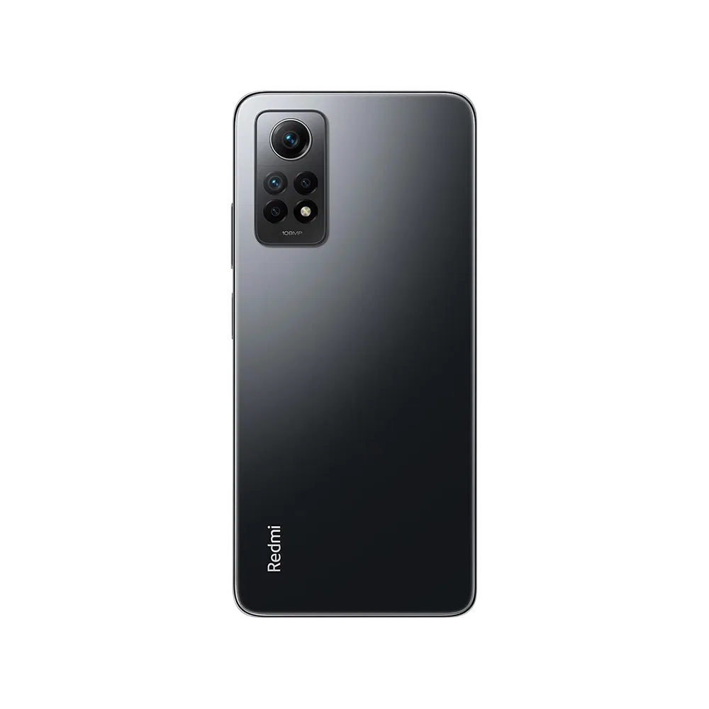 Xiaomi Redmi Note 12 Pro 4G siyah akıllı telefonun arka yüzü, çoklu kamera modülü ve Redmi logosu