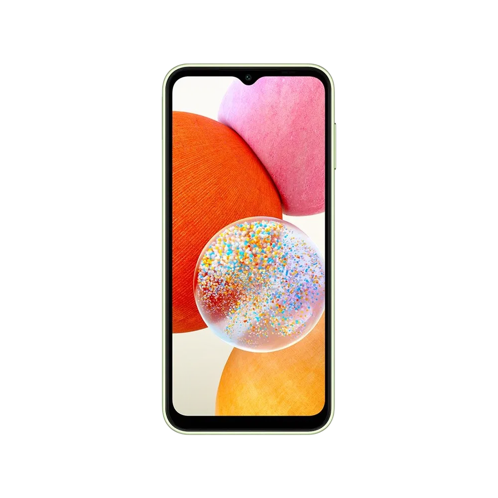 Yeşil Samsung Galaxy A14 akıllı telefon, önden görünüm; ince çerçeve ve damla çentikli ekran tasarımı