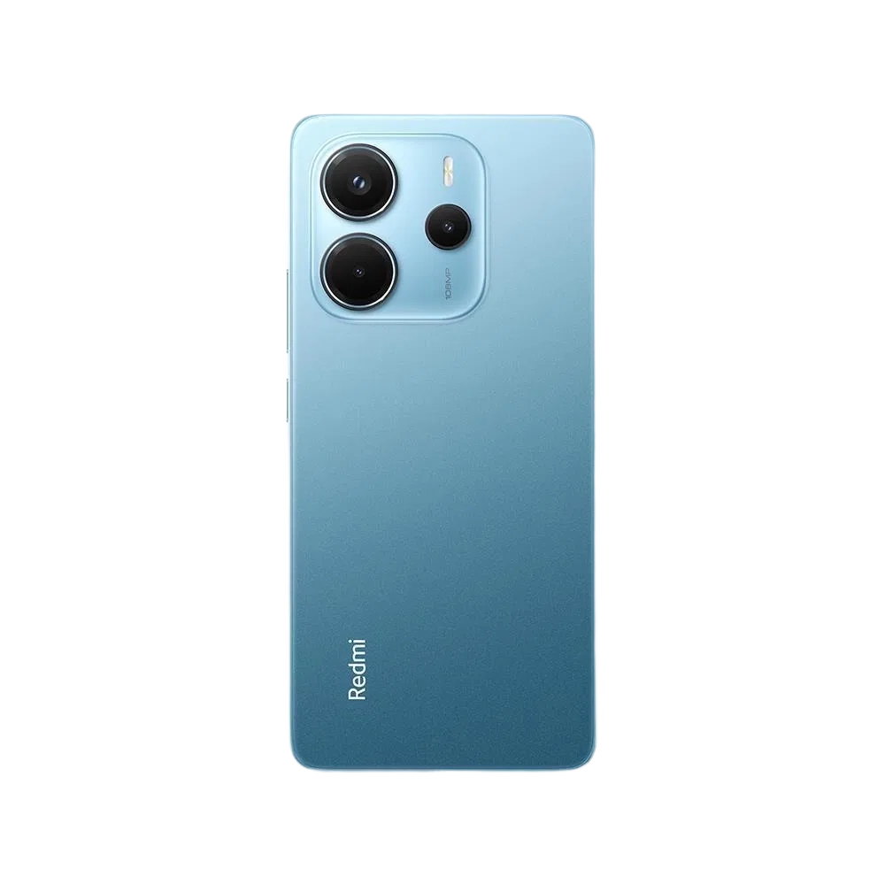 Xiaomi Redmi Note 14 mavi akıllı telefon, arka yüz görünümü; üçlü kamera modülü ve mat kapak tasarımı
