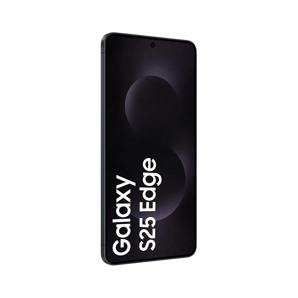 Siyah Samsung Galaxy S25 Edge akıllı telefon, ince çerçeveli ekran ve ön kamera detaylı önden görünüm