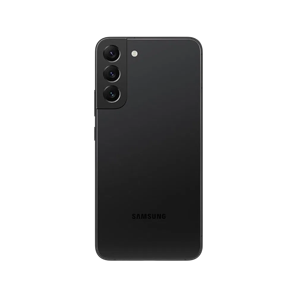 Samsung Galaxy S22 Plus siyah akıllı telefonun arka yüzü, üçlü kamera ve LED flaş detayı
