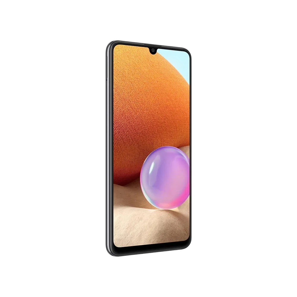 Samsung Galaxy A32 siyah akıllı telefon, önden görünüm; ince çerçeveli ekran ve damla çentik tasarımı