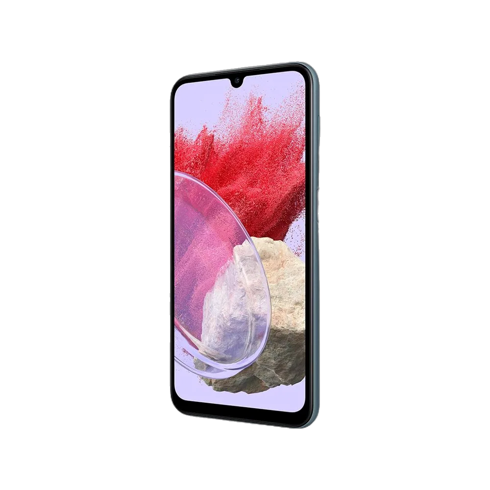 Samsung M34 5G mavi akıllı telefon, önden ve hafif yandan görünen ekran tasarımı
