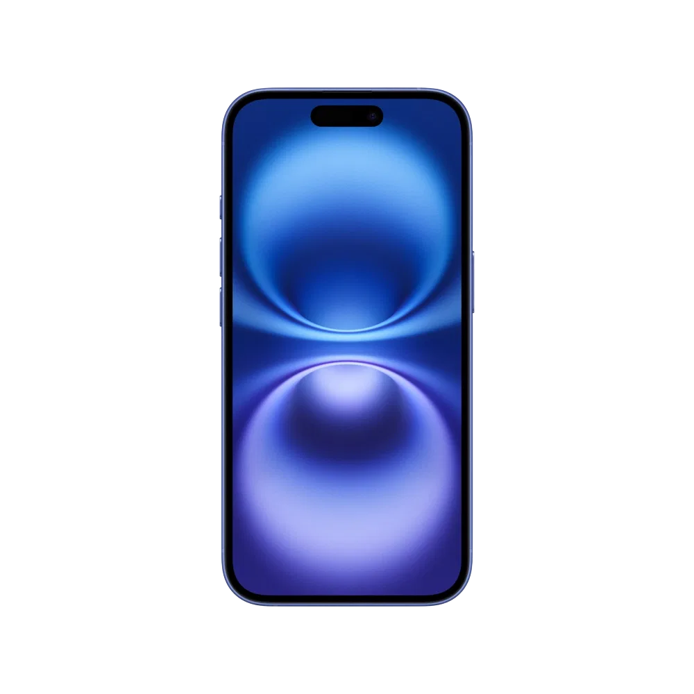 Apple iPhone 16 Plus mavi akıllı telefon, önden görünüm ve mavi tonlu ekran tasarımıyla