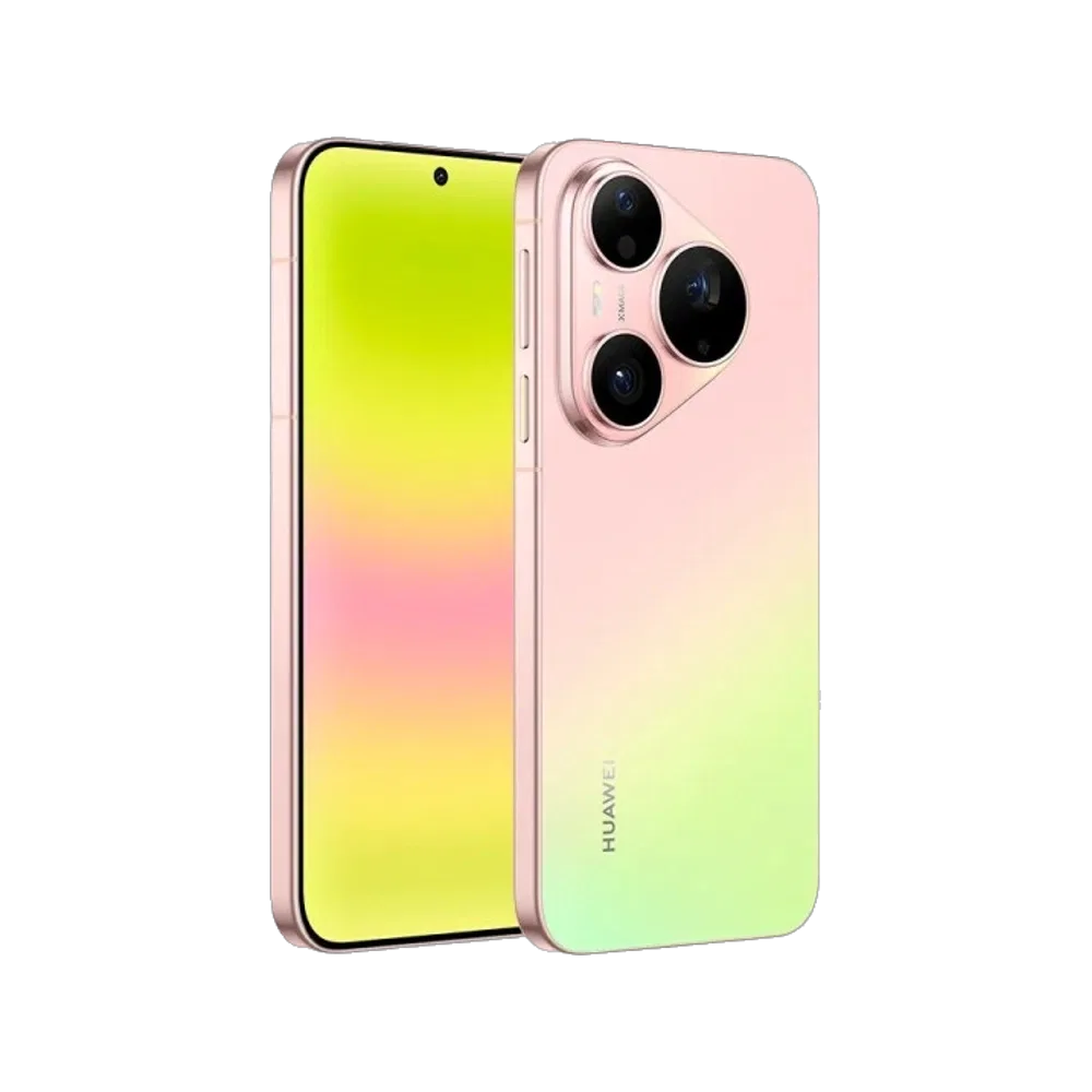Huawei Pura 90s Pro pembe akıllı telefon; arkada üçlü kamera modülü ve ön ekran tasarımı görünüyor.