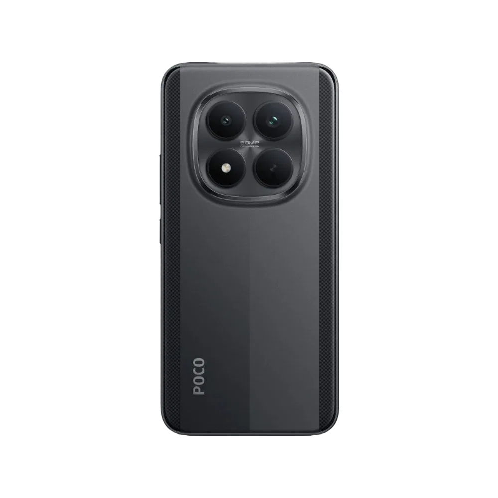 Siyah Poco M8 Pro 5G akıllı telefonun arka yüzeyi, büyük kamera modülü ve modern tasarımıyla öne çıkıyor
