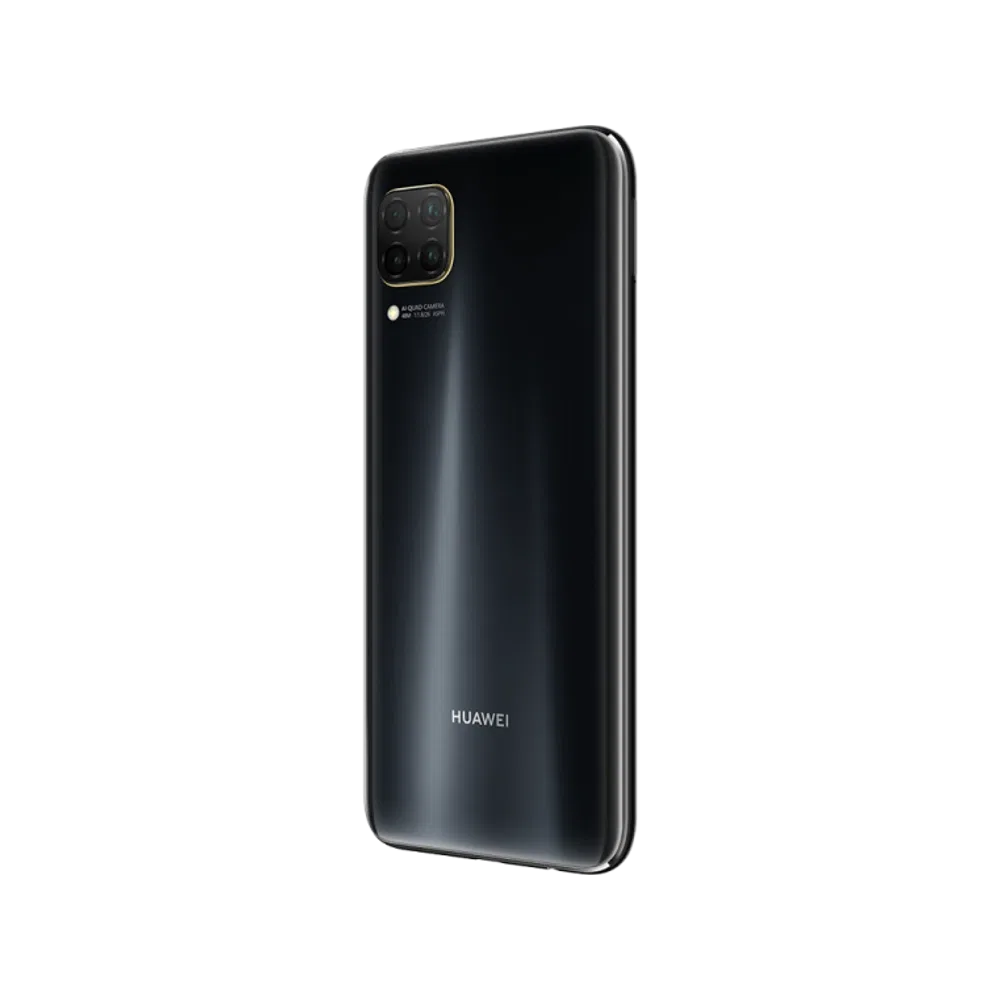 Huawei P40 Lite siyah telefonun arka yüzü, dörtlü kamera sistemi ve parlak tasarımıyla çapraz açıdan görülüyor.