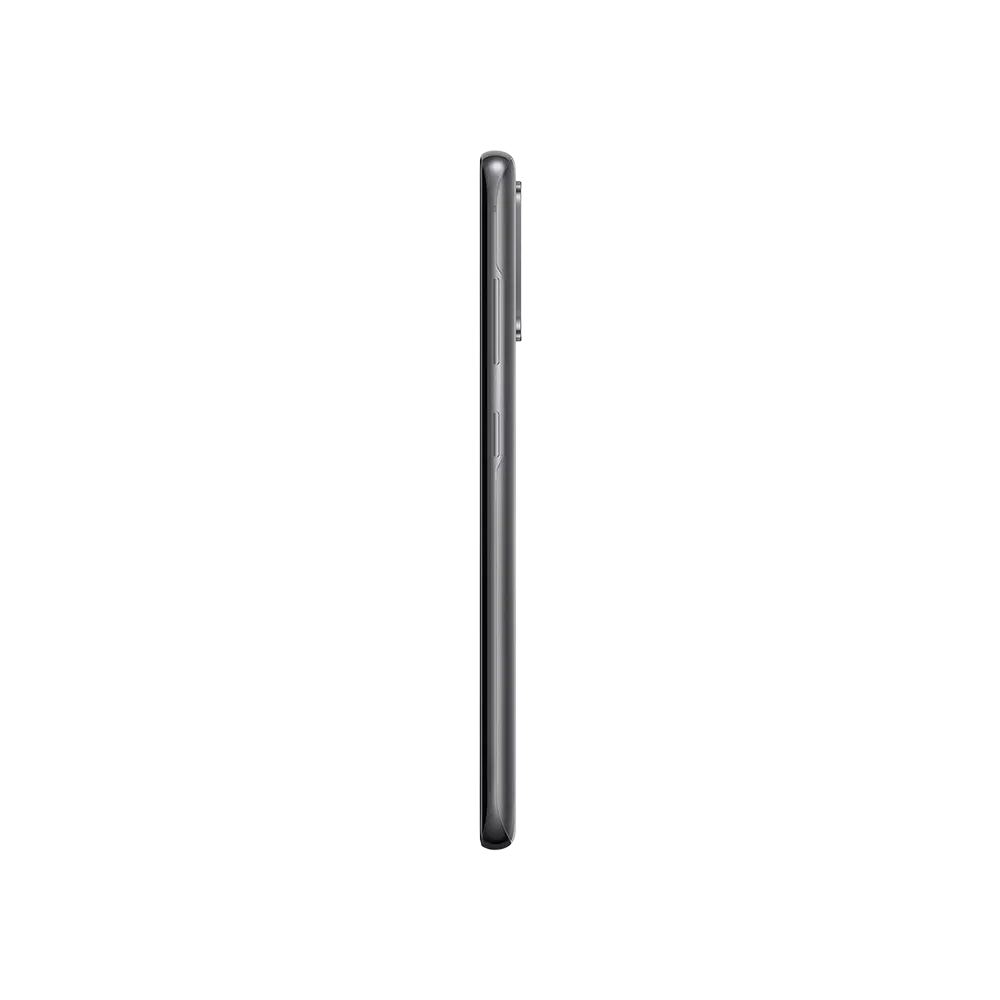 Gri Samsung Galaxy S20 akıllı telefonun yandan görünümü, ince gövde ve tuş detaylarıyla