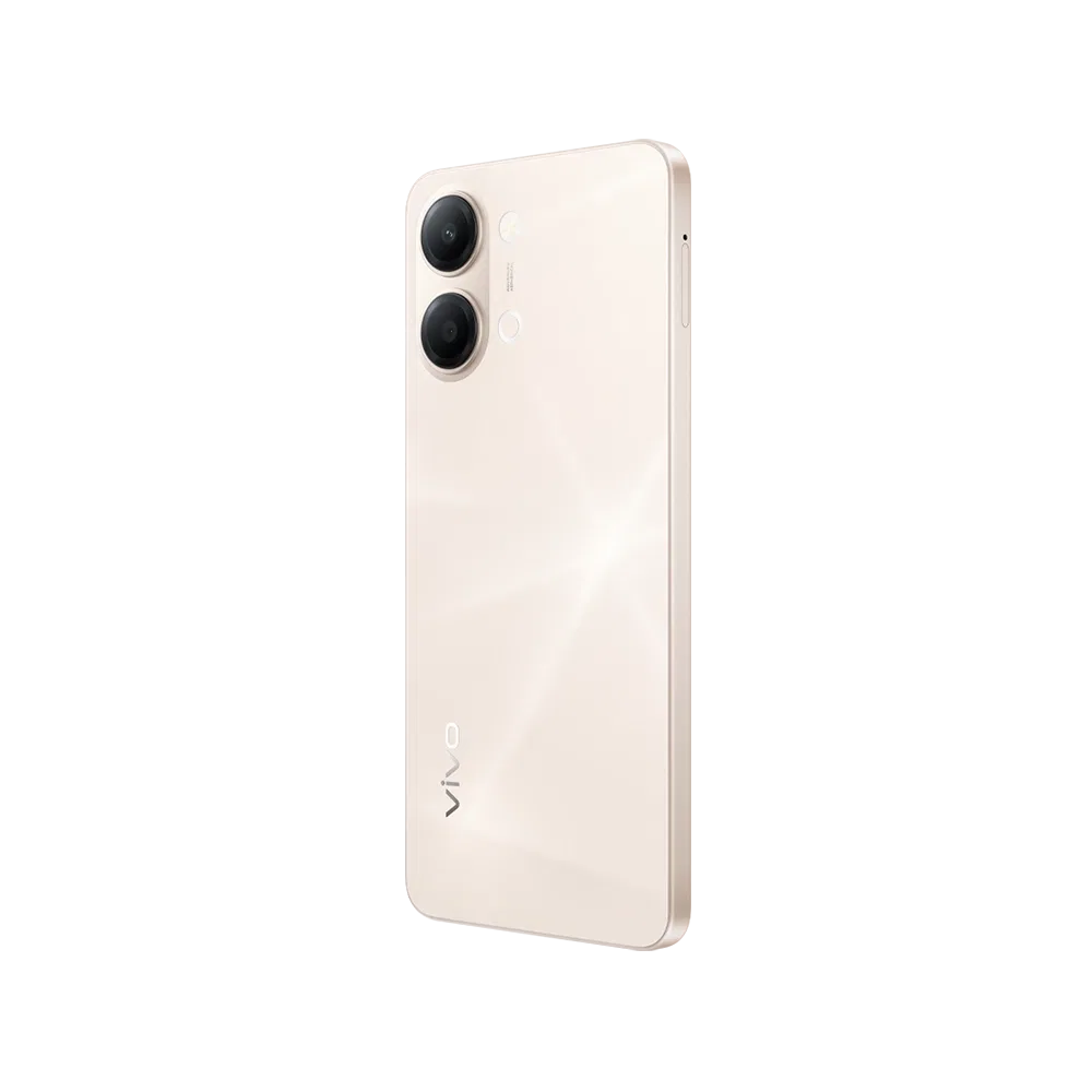 Altın renkli Vivo Y21 5G akıllı telefon arka paneli, çift kameralı dikey tasarım ile önden görünümü