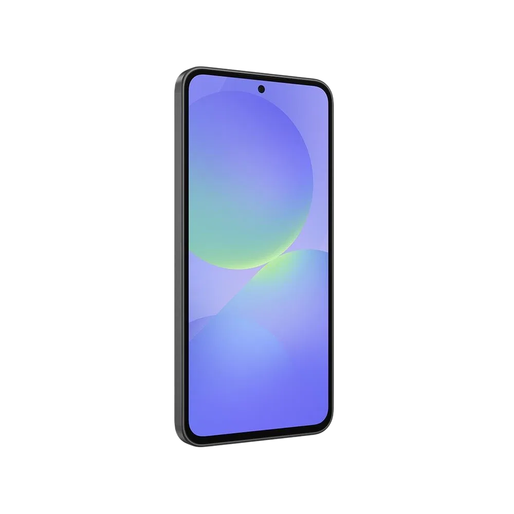 Siyah Samsung Galaxy A36 akıllı telefonun önden görünümü, geniş ekran ve merkezde ön kamera deliği