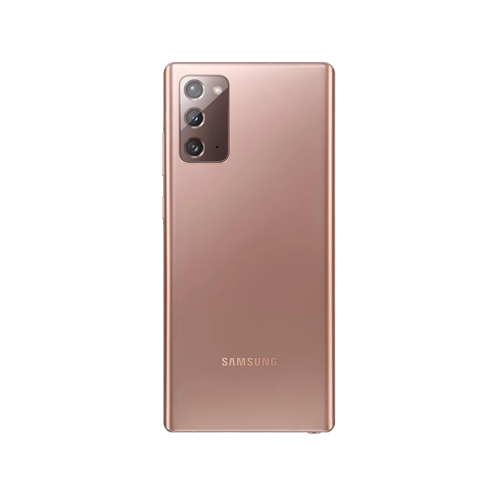 Bakır renk Samsung Galaxy Note 20 akıllı telefonun arka yüzü, üçlü kamera modülüyle birlikte görünüm