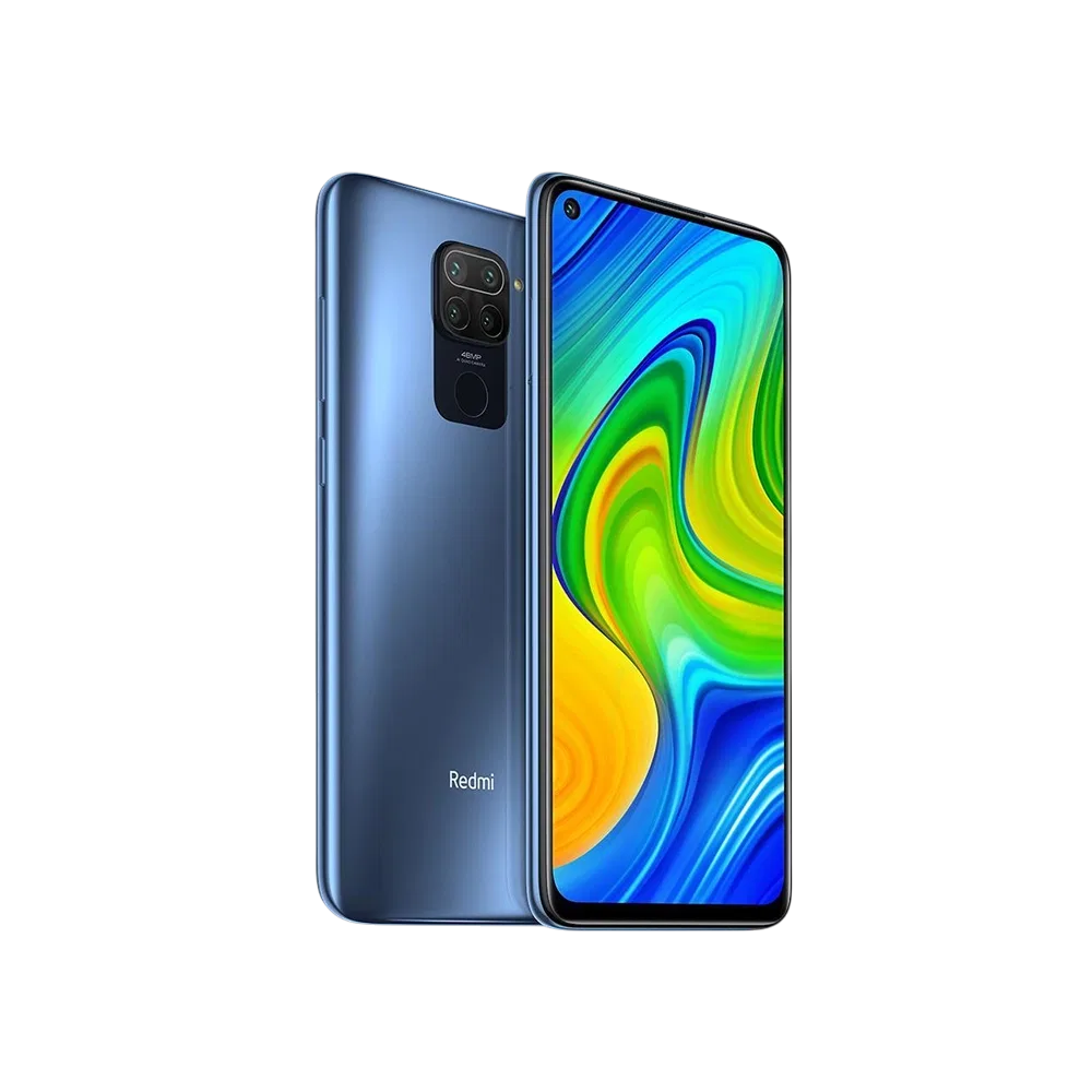 Xiaomi Redmi Note 9 mavi akıllı telefonun ön ve arka görünümü, çerçevesiz ekran ve dörtlü kamera modülü