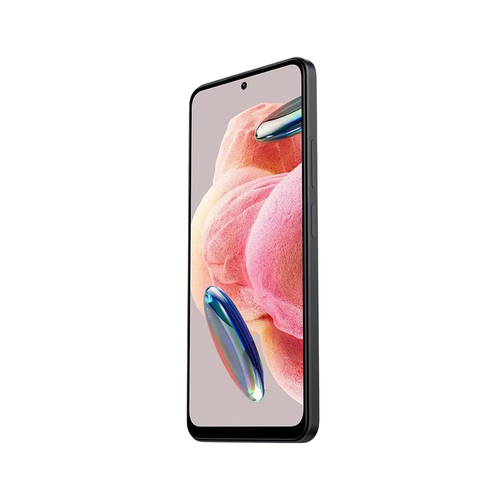 Xiaomi Redmi Note 12 siyah akıllı telefon, ince çerçeveli ekran ve delikli ön kamera tasarımıyla önden görünüm