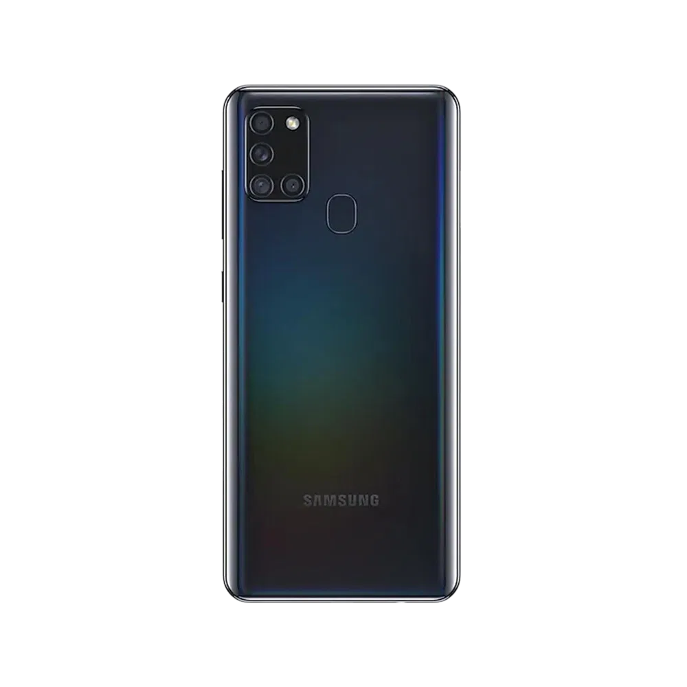 Siyah Samsung Galaxy A21s akıllı telefon, arka yüz ve dörtlü kamera modülü ile parmak izi sensörü görünümü