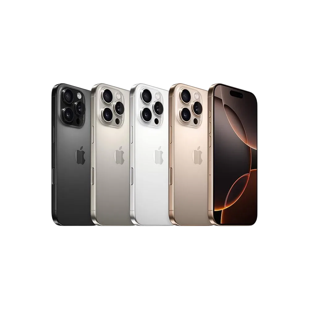 Apple iPhone 16 Pro Çöl Titanyum akıllı telefon, üçlü kamera ve ön ekran tasarımıyla yan yana görünüm