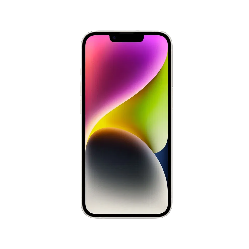 Apple iPhone 14 Plus beyaz akıllı telefon, önden görünüm, çentikli ekran ve renkli duvar kâğıdıyla