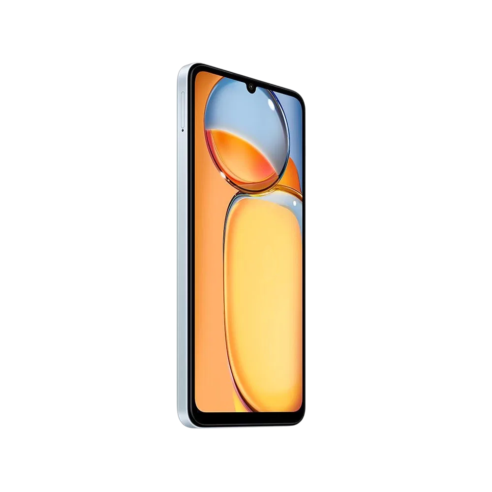 Xiaomi Redmi 13C beyaz akıllı telefon, önden eğik açıyla tam ekran ve damla çentik tasarımıyla görünüm
