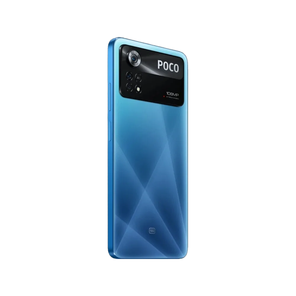 Mavi Poco X4 Pro akıllı telefonun arka yüzeyi, büyük kamera modülü ve parlak geometrik tasarımıyla görünümü