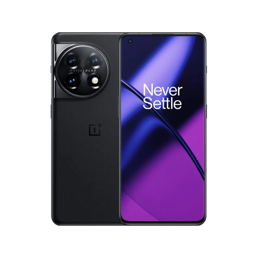 Siyah OnePlus 11 5G akıllı telefonun ön ve arka yüzü, üçlü kamera sistemi ve mor ekran arayüzüyle birlikte.