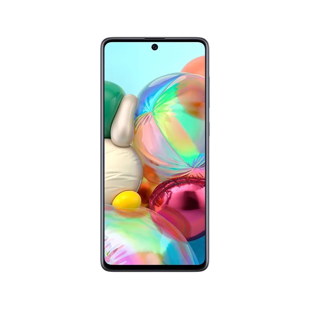 Samsung Galaxy A71 siyah akıllı telefon, önden görünüm, çerçevesiz ekran ve ön kamera detayıyla vitrin görseli