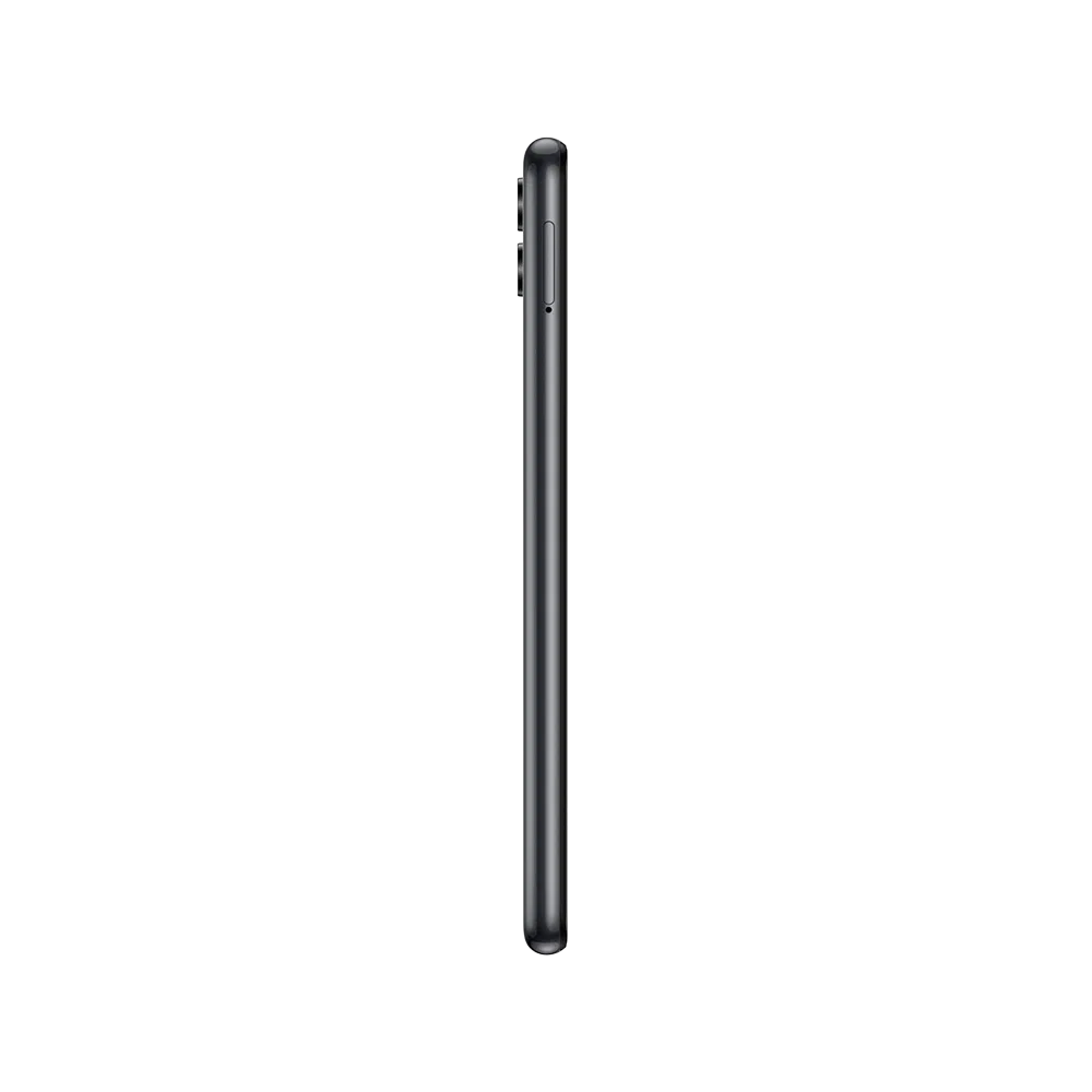Siyah Samsung Galaxy A04 akıllı telefonun yan profili, ince gövde ve yan tuş detayları görünür