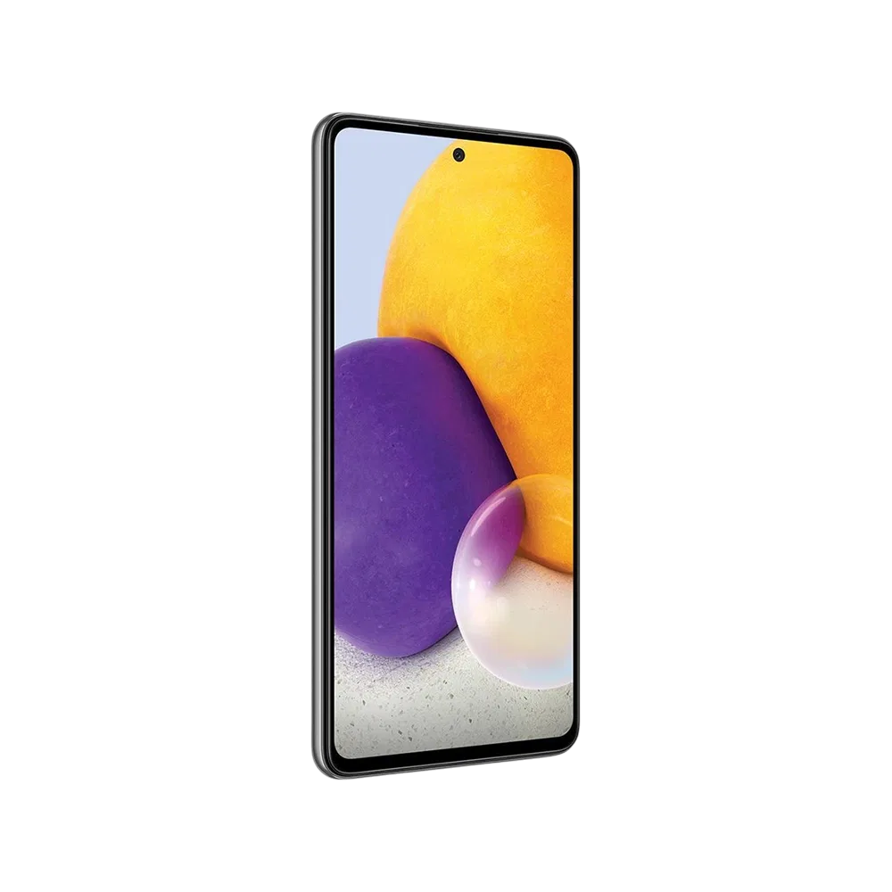 Samsung Galaxy A72 siyah akıllı telefon, ince çerçeveli ekran ve delikli ön kamera tasarımıyla önden görünüm