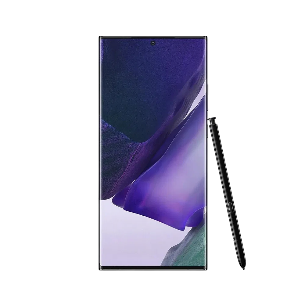 Samsung Galaxy Note 20 Ultra siyah akıllı telefon, önden ekran görünümü ve yanında S Pen kalem ile birlikte