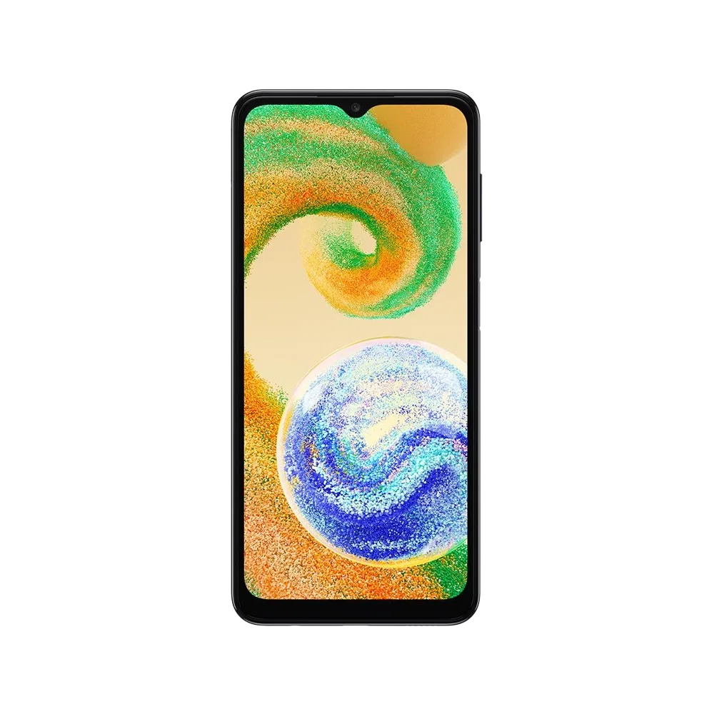 Siyah Samsung Galaxy A04s akıllı telefonun ön yüzü, geniş ekran ve damla çentik tasarımı