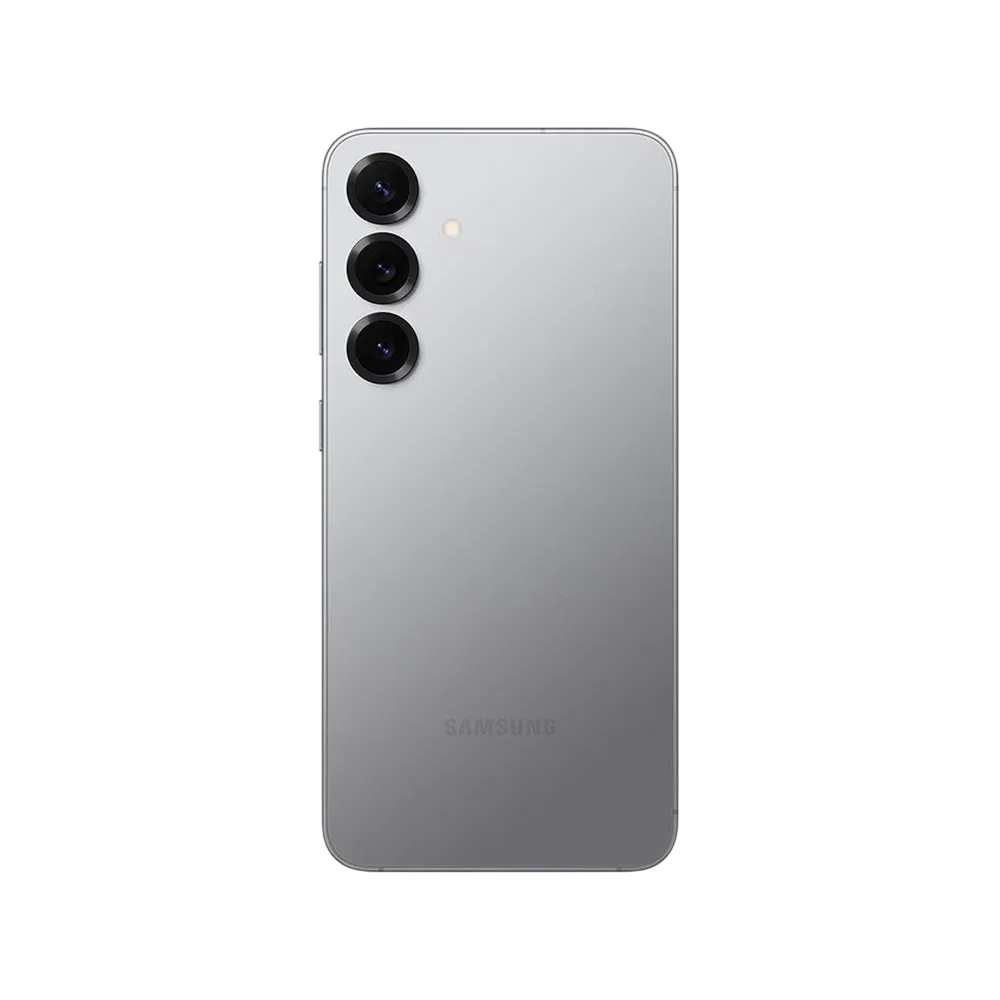 Samsung Galaxy S25 Plus gümüş akıllı telefonun arka yüzü, üçlü kamera ve LED flaş detayıyla
