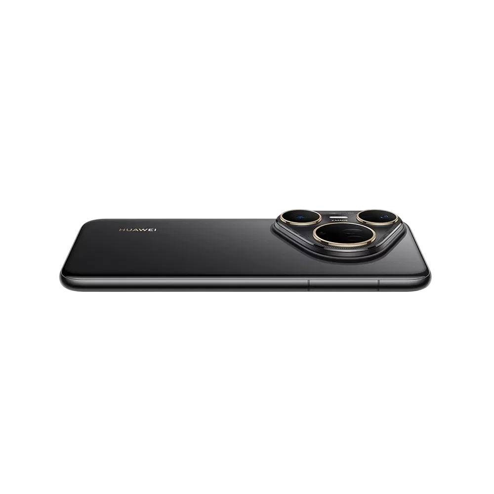 Siyah Huawei Pura 80 Ultra akıllı telefon, yatay konumda arka yüz ve üçlü kamera modülü görünümü