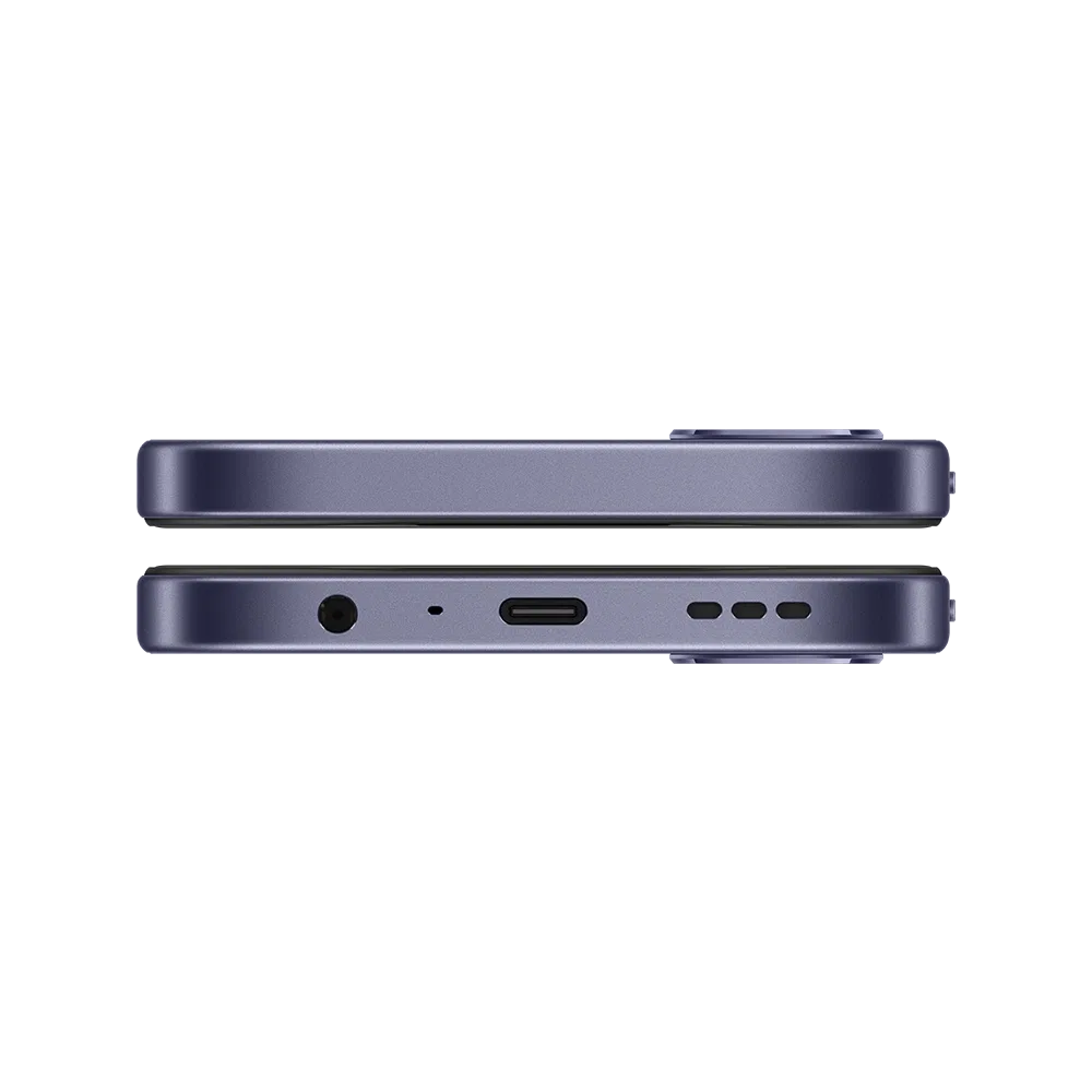 Mor Oppo A6T 5G akıllı telefonun alt kenar görünümü, USB-C girişi ve hoparlör ızgarası detaylı