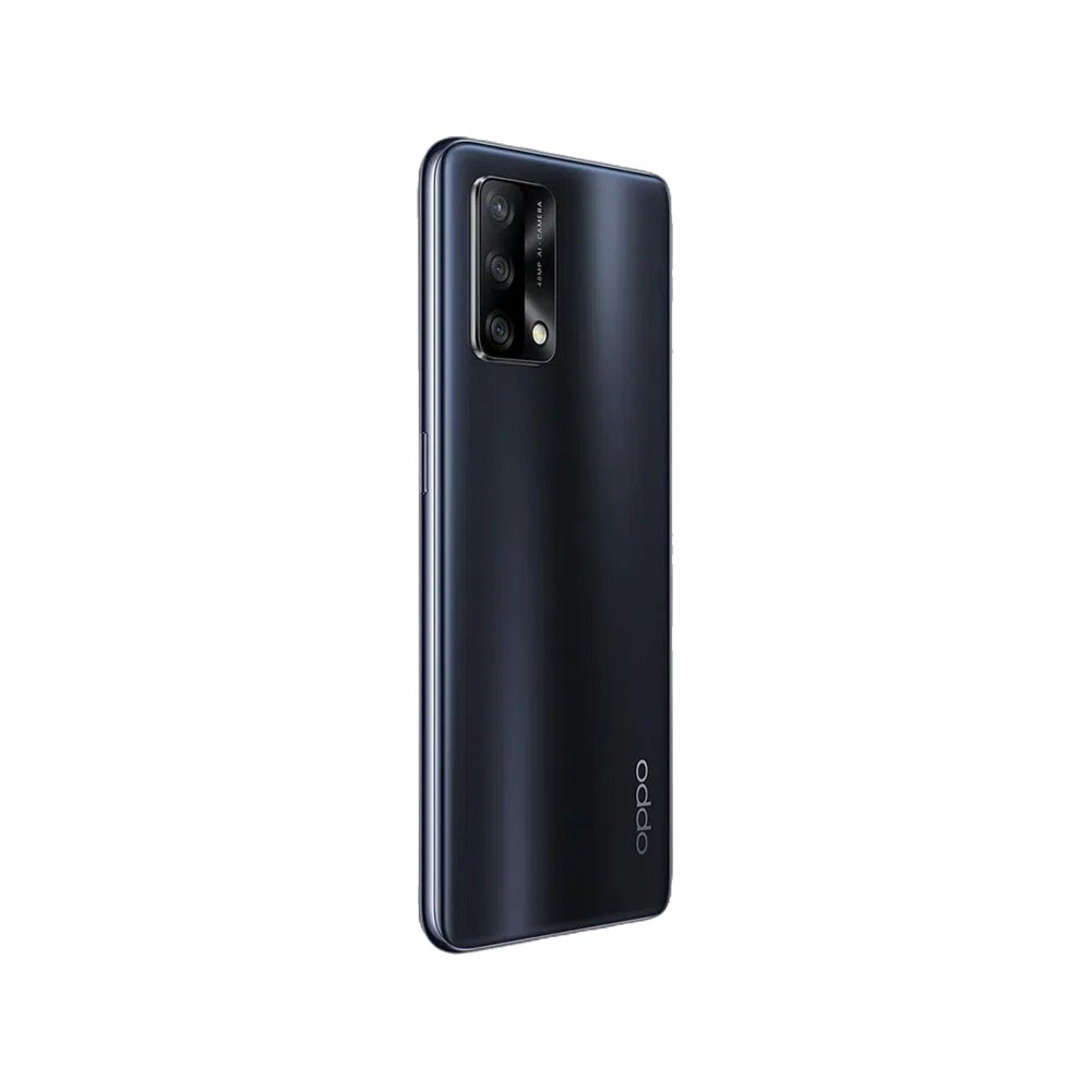 Oppo A74 mavi akıllı telefonun arka yüzü ve çoklu kamera modülü görünür.